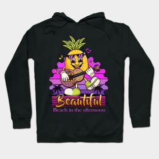 Beautiful beach in the afternoon, Cartoon character pineapple playing guitar on the beach Hoodie